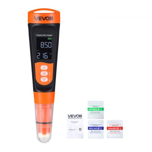 VEVOR pH Meter, Accurate pH/EC (Conductivity)/TDS (ppm) Multi-Parameter Measurement, IP68 Waterproof Probe, Pocket Tester Kit with Calibration Powder Packets, VA Display, for Water Quality Testing