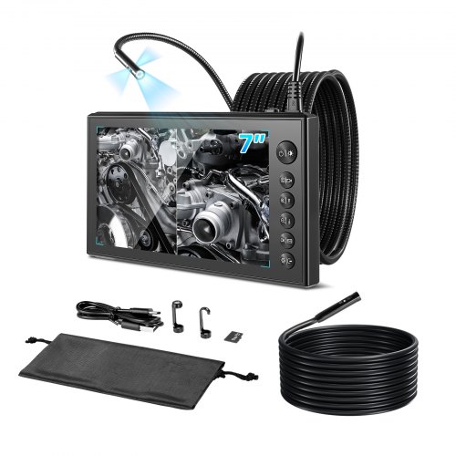 VEVOR Triple Lens Endoscope with Dual-Cable Setup, Industrial Borescope with Light, 7" HD IPS Spilt-Screen, 8 + 2 LEDs, 8X Zoom, 5000mAh, IP67 Waterproof Snake Camera for Auto, Plumbing (5m+3m Cables)