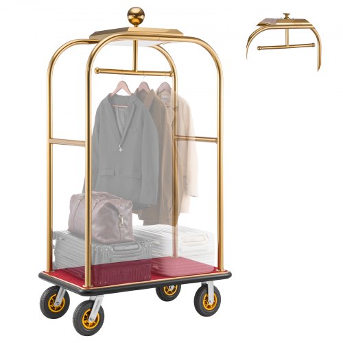 VEVOR Hotel Luggage Cart, 544.31 kg Heavy Duty Bellman Cart with Stainless Steel Frame, 203 mm Rubber Wheels, Red Carpeted Deck, Commercial Luggage Carrier Rolling Trolley for Hotels, Resorts, Gold
