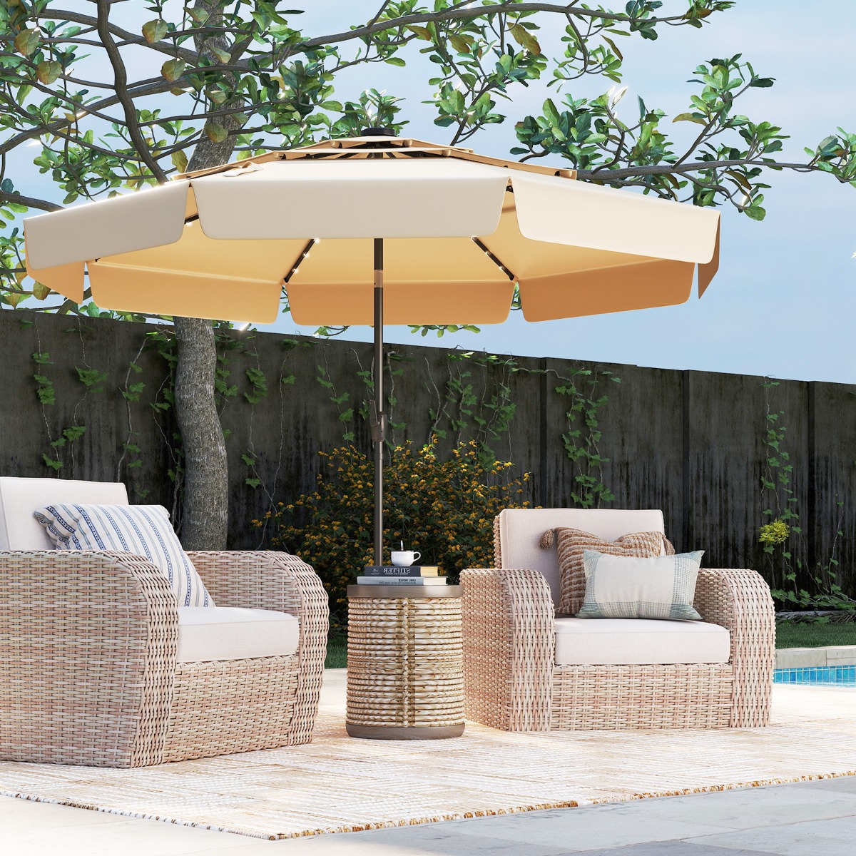 Costway 300 cm Sonnenschirm mit LED-Beleuchtung Beidseitig um 35° Knickbarer Gartenschirm Beige