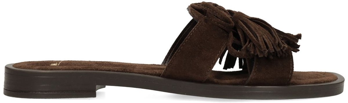 Dunkelbraune Veloursleder-Sandalen mit Fransen