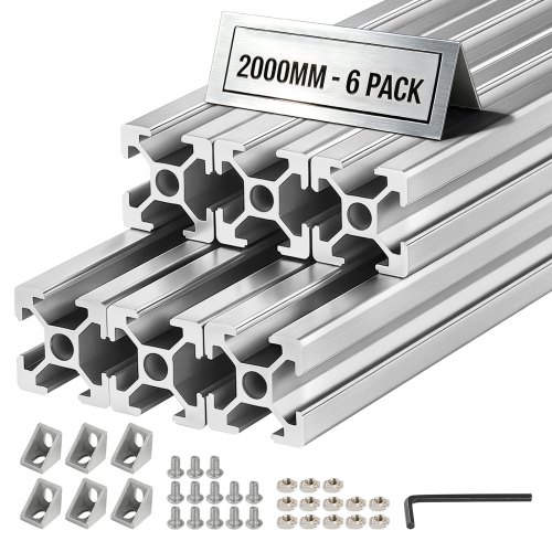 VEVOR 6 st 2020 aluminiumprofil, 78,74 tum 2000 mm, T-spår europeisk standard anodiserad linjärskena, höghållfast extruderad aluminiumskena, för 3D-skrivardelar och CNC DIY-arbetsbänk, silver
