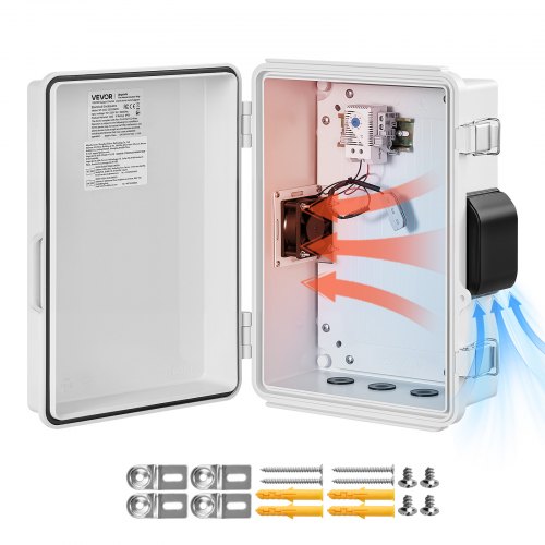 VEVOR Outdoor Electrical Box, ABS, Waterproof Electrical Junction Box with Thermostat and Fan, Mounting Plate, Cable Grommets, Ventilated Plastic Enclosure, 360 x 275 x 150 mm, IP65 for Indoor/Outdoor