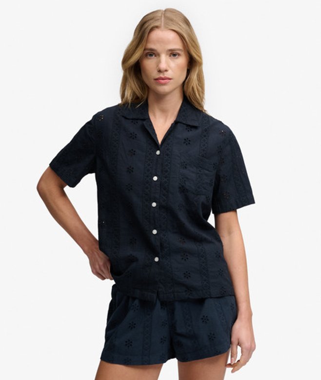 Superdry Damen Heritage Broderie Kurzarmhemd Navy - Größe: 40
