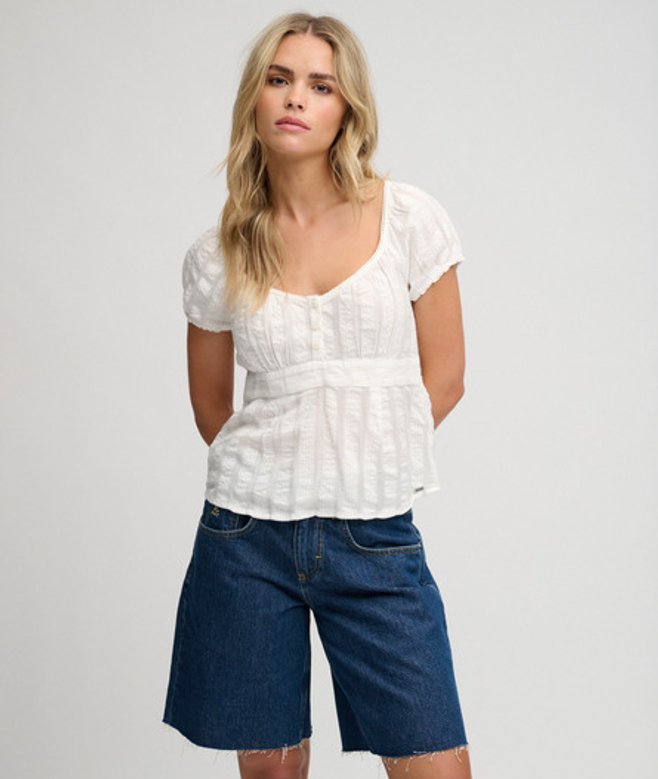 Superdry Damen Athletic Essentials Oberteil mit Knopfleiste White - Größe: 42