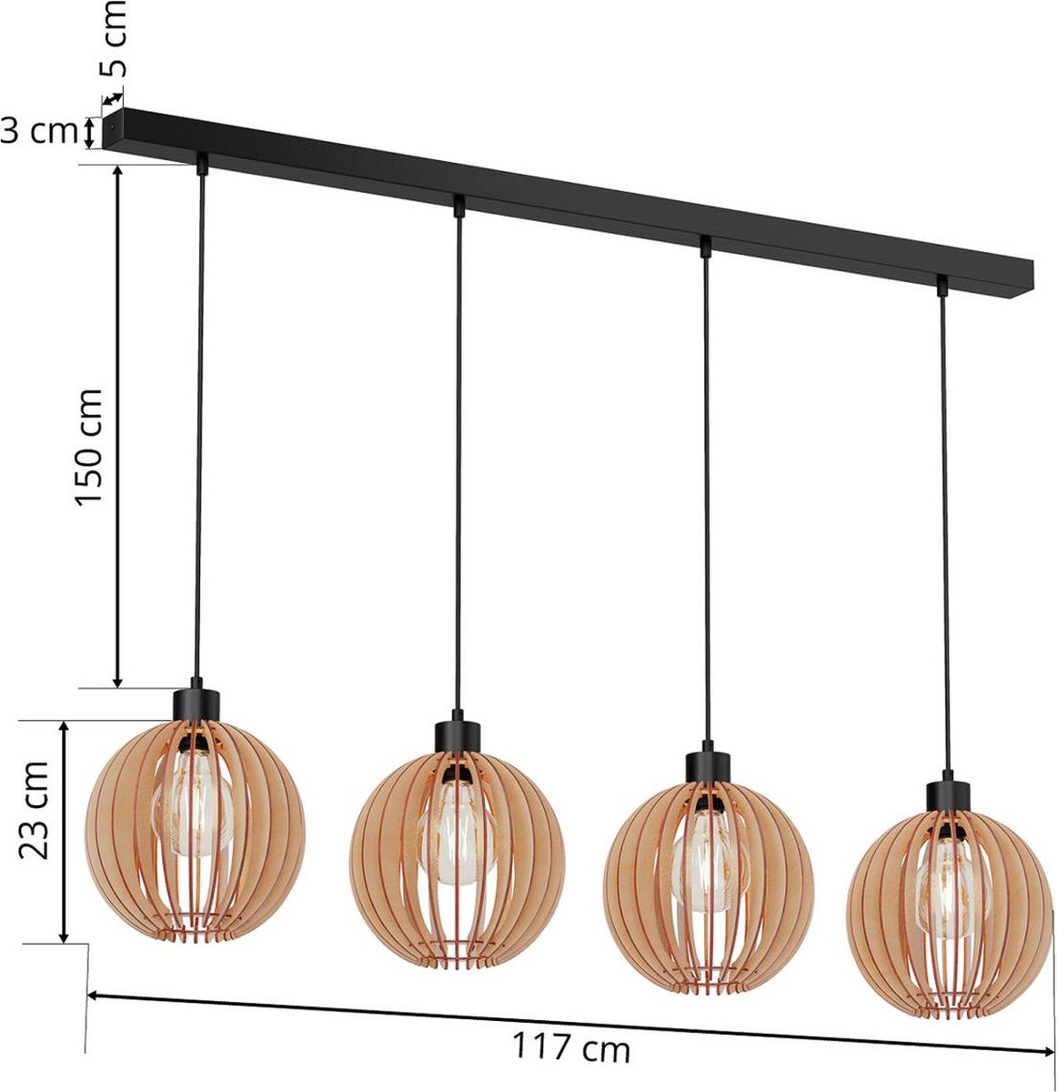Clay 4 Pendelleuchte Black/Wood Envostar - Flurbereich - Skandinavisch - Holz - Mehrflammig