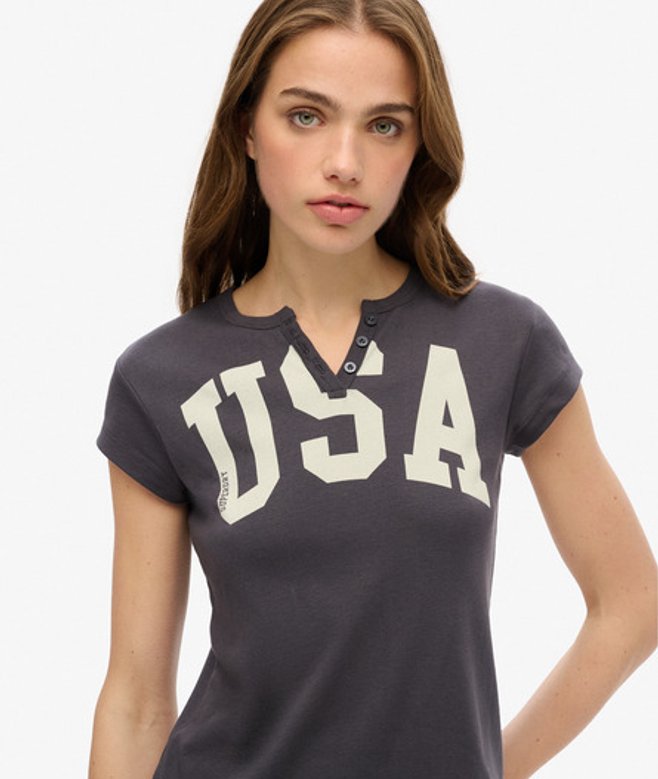 Superdry Damen Athletic Essentials Grafik-t-shirt mit Eingekerbtem Ausschnitt Dunkelgrau - Größe: 38
