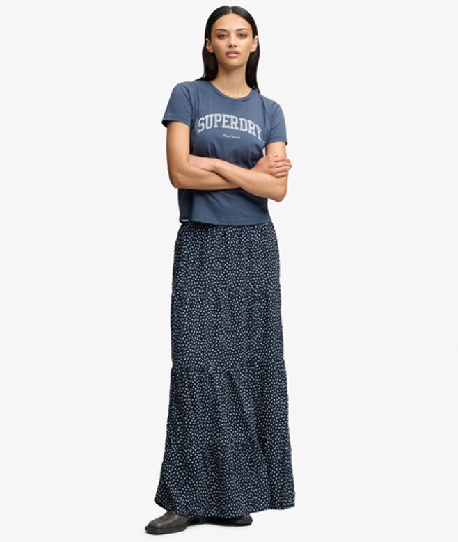 Superdry Damen Gewebter Maxirock mit Stufendesign Navy - Größe: 42