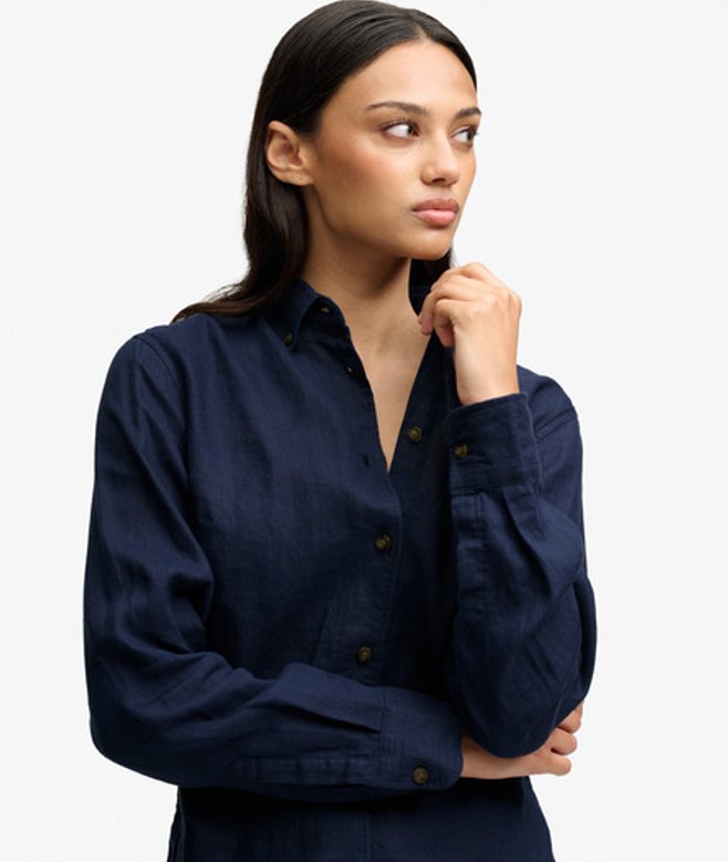 Superdry Damen Premium Leinenhemd mit Knopfleiste in Schmaler Passform Navy - Größe: 42