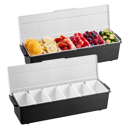 VEVOR Ice Cooled Condiment Serving Container, 6 Compartments Chilled Server, Fruit Veggie Condiment Caddy, Plastic Garnish Station Lid Dispenser Tray, for Bartending & Serving Taco Restaurant Supplies