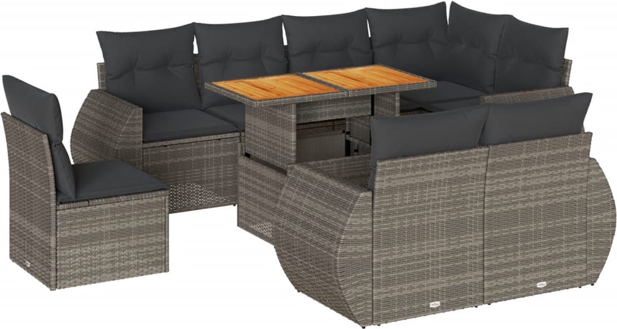 Vidaxl 9-Cz. Gartenmöbel-Set mit Kissen, Grau, Polyrattan