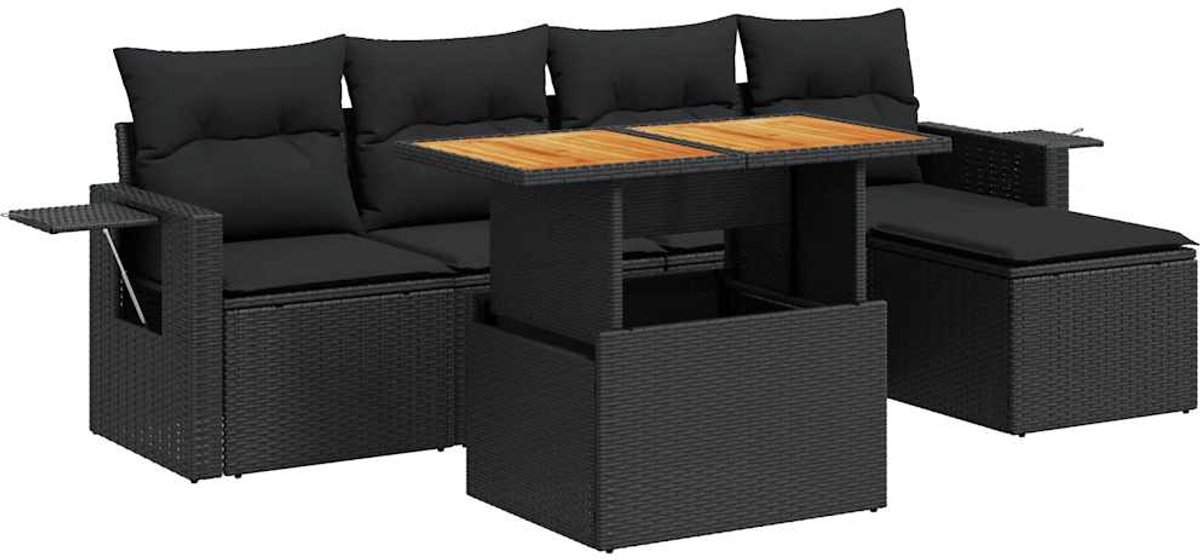Vidaxl 6-Cz. Gartenmöbel-Set mit Kissen, Schwarzer Polyrattan
