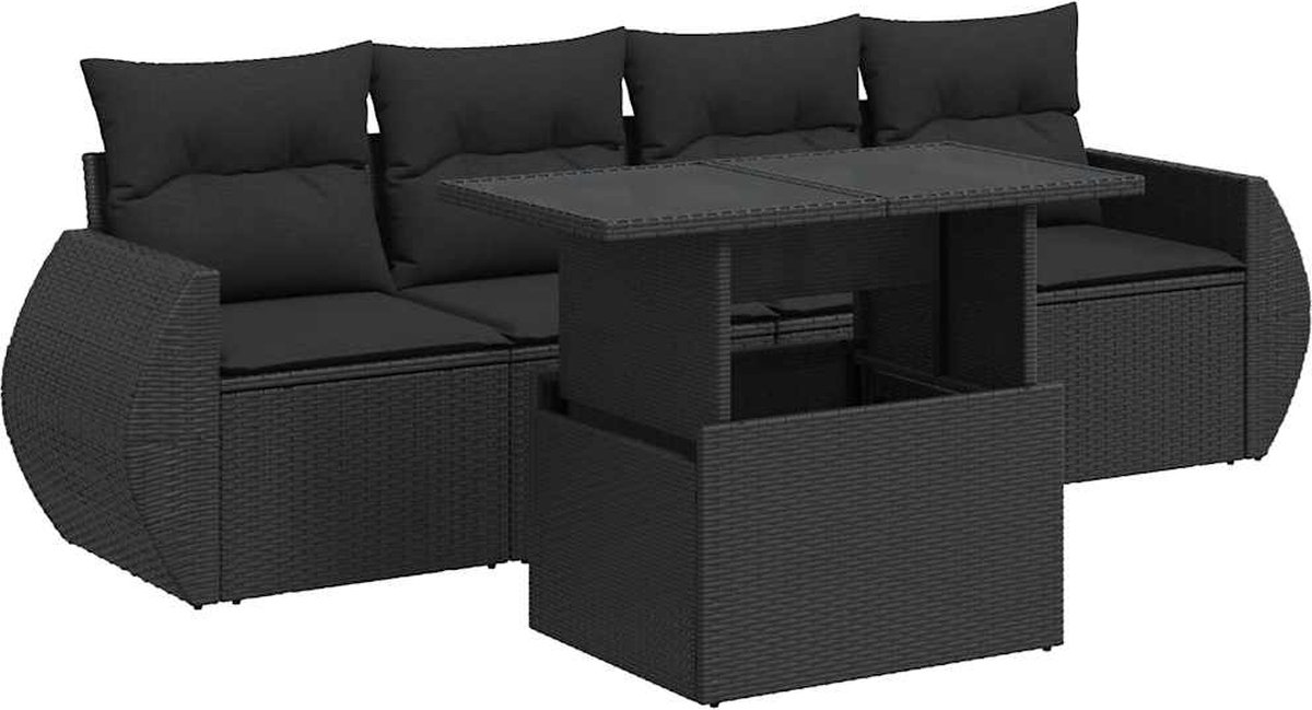 Vidaxl 5-Cz. Garten-Sitzgruppe, Kissen, Schwarzer PE-Rattan