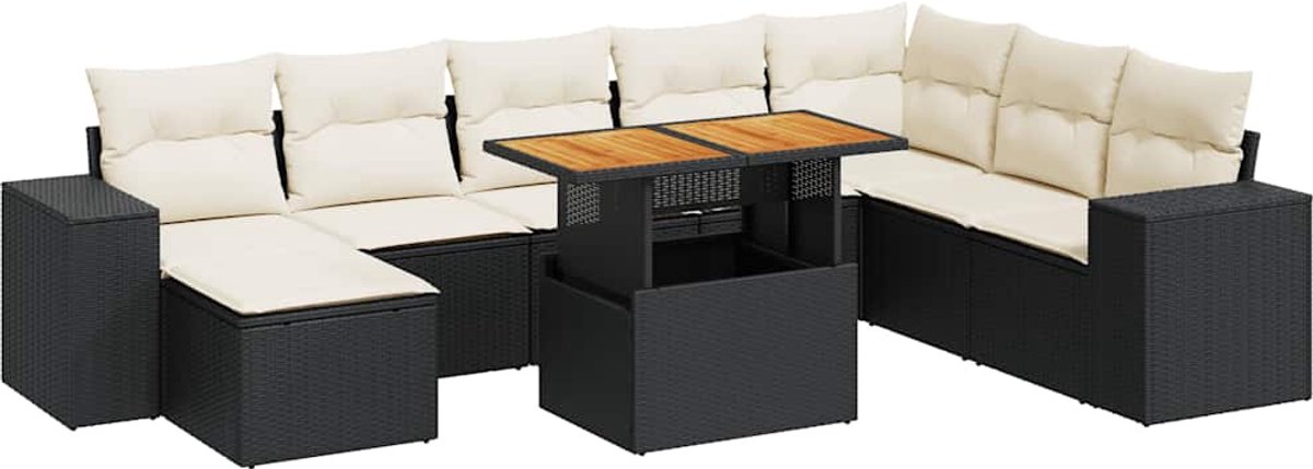 Vidaxl 9-Cz. Möbelset mit Kissen, Schwarz, Polyrattan und Akazie