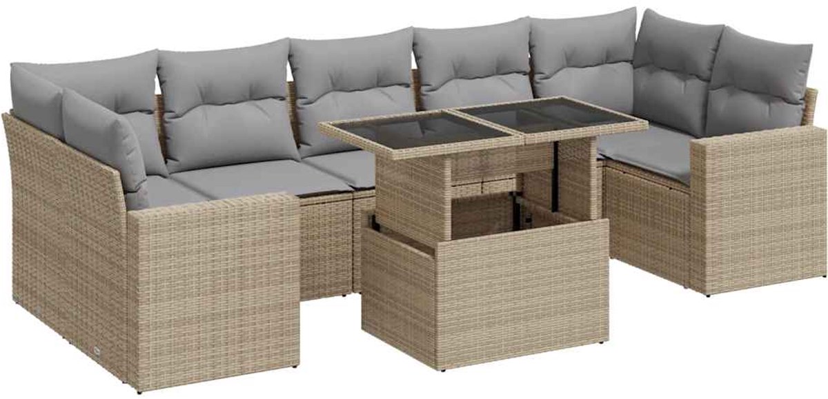 Vidaxl 8-Cz. Gartenmöbel-Set mit Kissen, Beige, Polyrattan