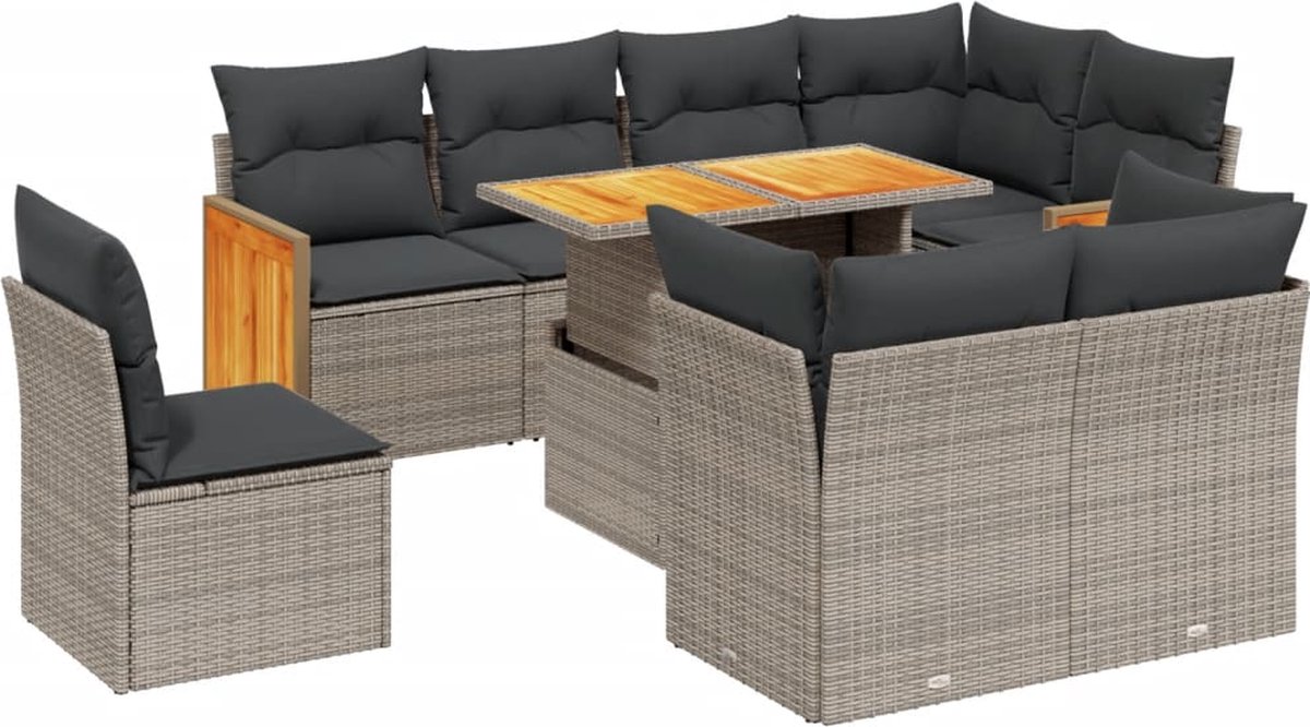 Vidaxl 9-Cz. Gartenmöbel-Set mit Kissen, Grau, Polyrattan
