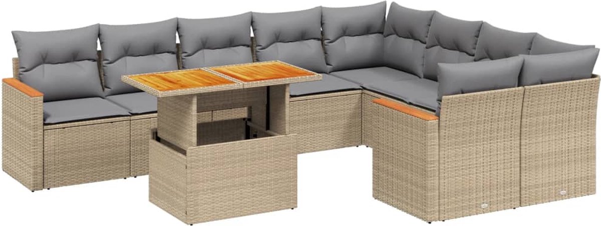 Vidaxl 10-Cz. Gartenmöbel-Set mit Kissen, Beige, Polyrattan