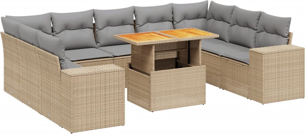 Vidaxl 10-Cz. Gartenmöbel-Set mit Kissen, Beige, Polyrattan