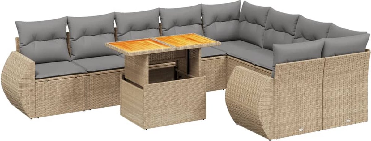 Vidaxl 10-Cz. Gartenmöbel-Set mit Kissen, Beige, Polyrattan