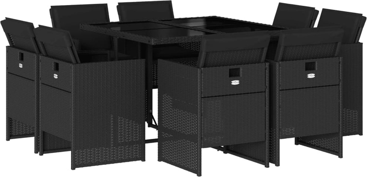 Vidaxl 9-Cz. Gartenmöbel-Set mit Kissen, Schwarz, PE-Rattan