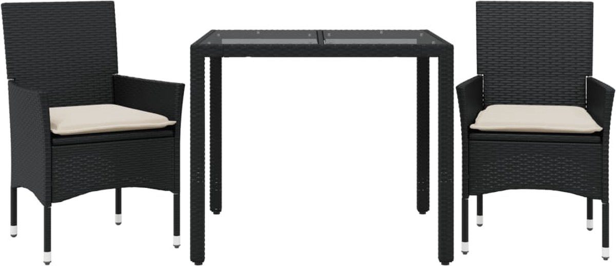 Vidaxl 3-Cz. Gartenmöbel-Set mit Kissen, Schwarz, Polyrattan
