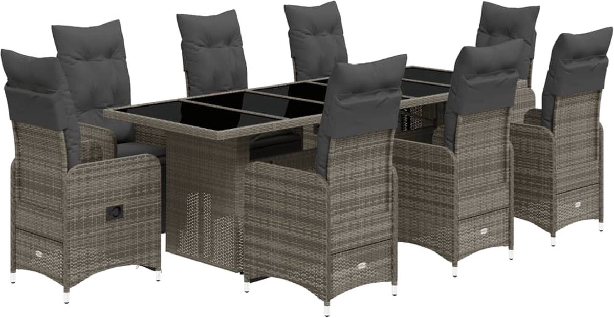 Vidaxl 9-Cz. Gartenmöbel-Set mit Kissen, Grau, Polyrattan
