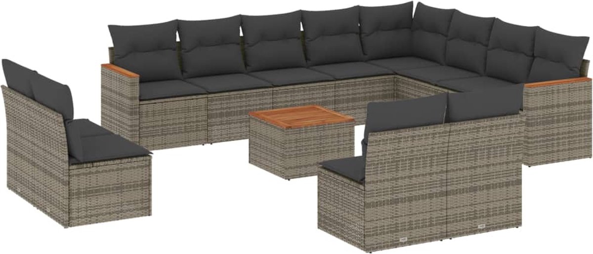 Vidaxl 13-Cz. Gartenmöbel-Set mit Kissen, Grau, Polyrattan