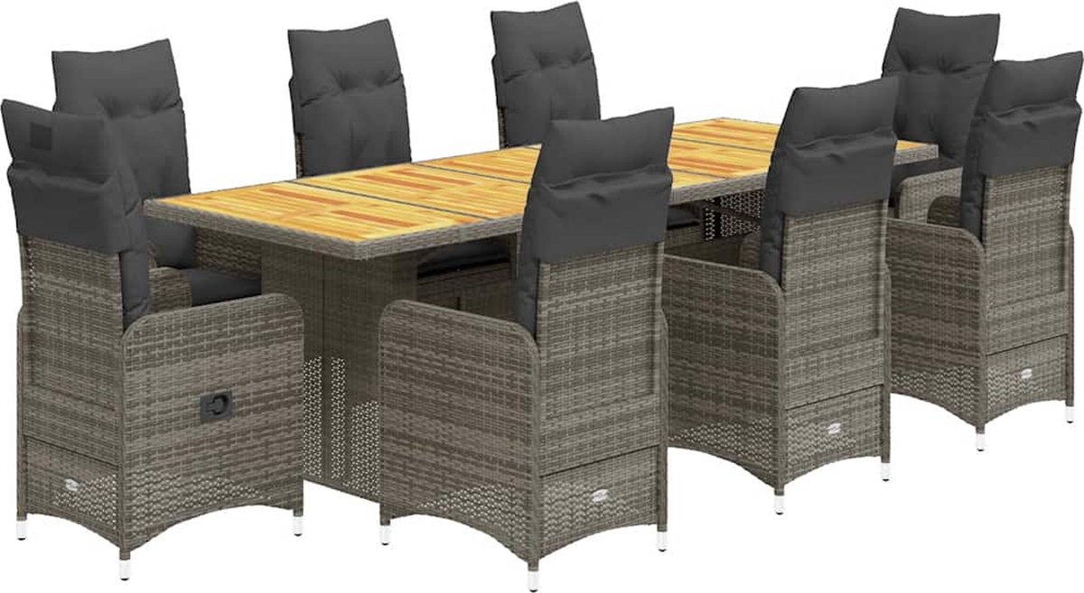 Vidaxl 9-Cz. Gartenmöbel-Set mit Kissen, Grau, Polyrattan