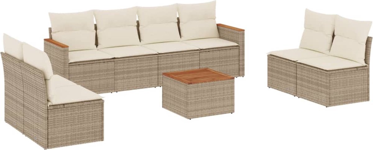 Vidaxl 9-Cz. Gartenmöbel-Set mit Kissen, Beige, Polyrattan