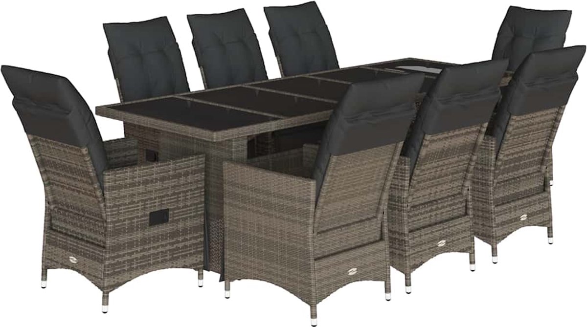 Vidaxl 9-Cz. Gartenmöbel-Set mit Kissen, Grau, Polyrattan