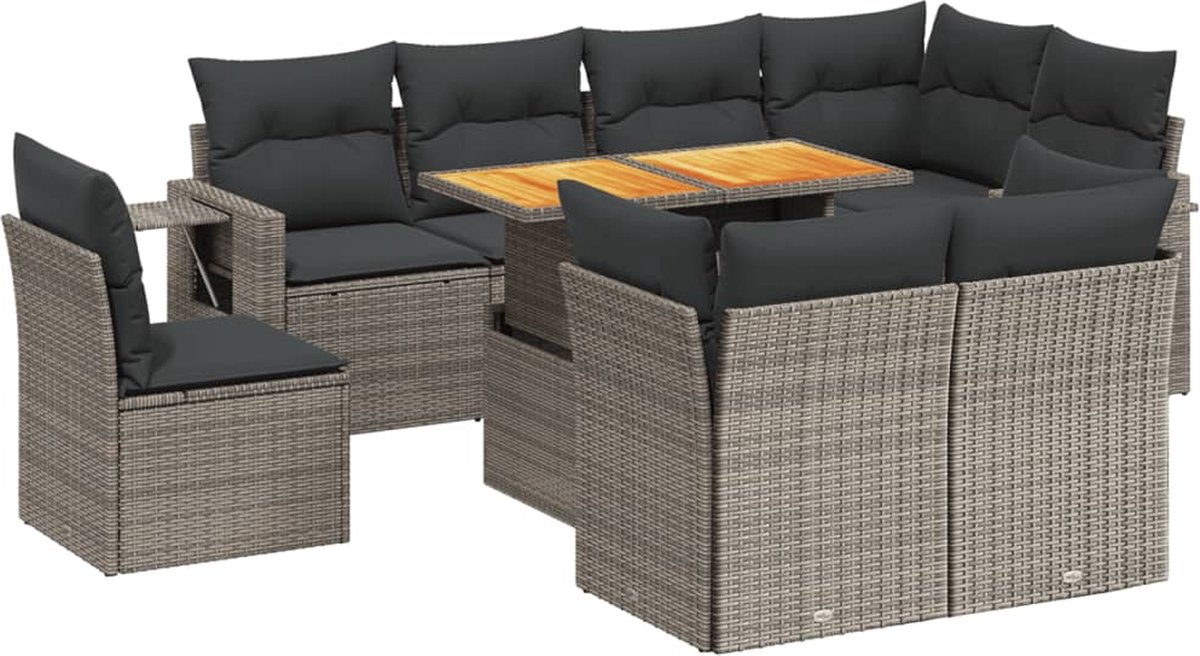Vidaxl 9-Cz. Gartenmöbel-Set mit Kissen, Grau, Polyrattan