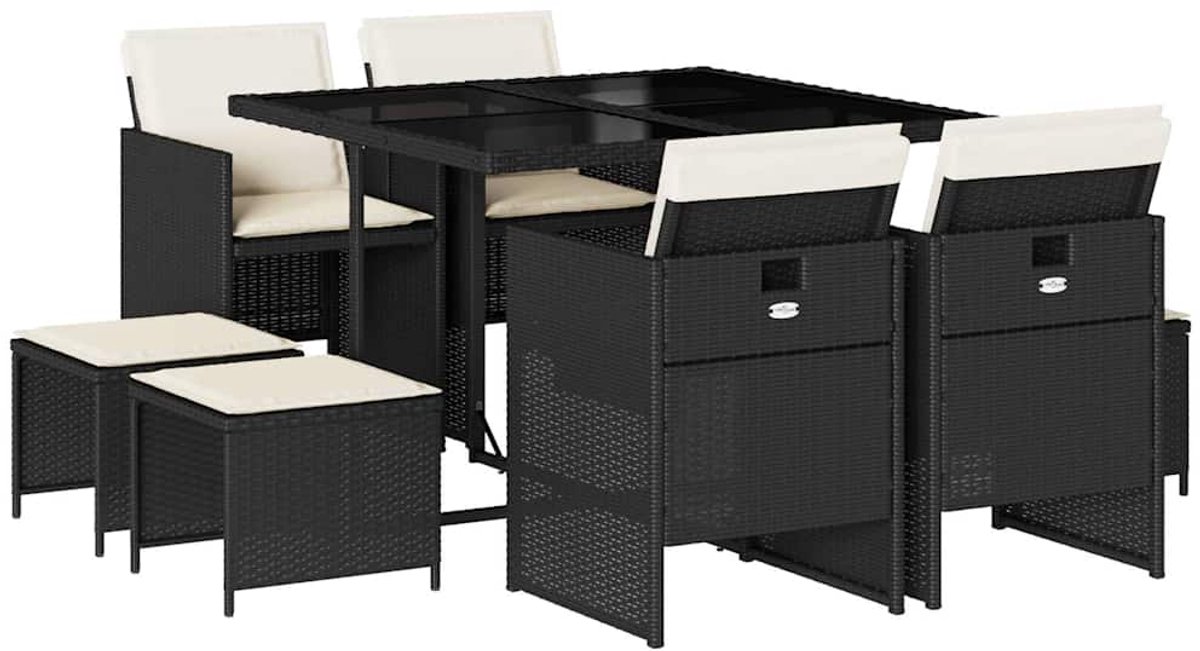 Vidaxl 9-Cz. Gartenmöbel-Set mit Kissen, Schwarz, PE-Rattan