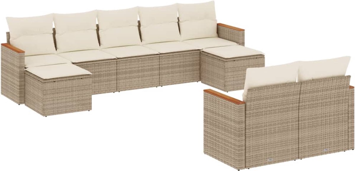 Vidaxl 9-Cz. Gartenmöbel-Set mit Kissen, Beige, Polyrattan
