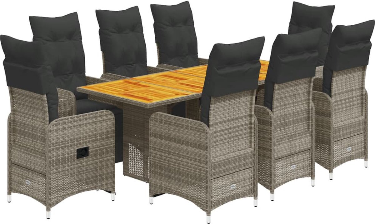Vidaxl 9-Cz. Gartenmöbel-Set mit Kissen, Grau, Polyrattan