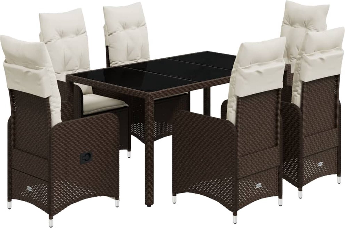Vidaxl 7-Cz. Bistro-Möbelset mit Kissen, Braun, Polyrattan