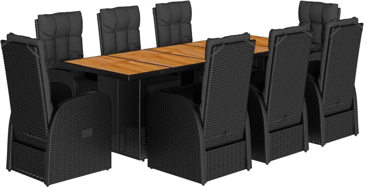 Vidaxl 9-Cz. Gartenmöbel-Set mit Kissen, Schwarz, PE-Rattan