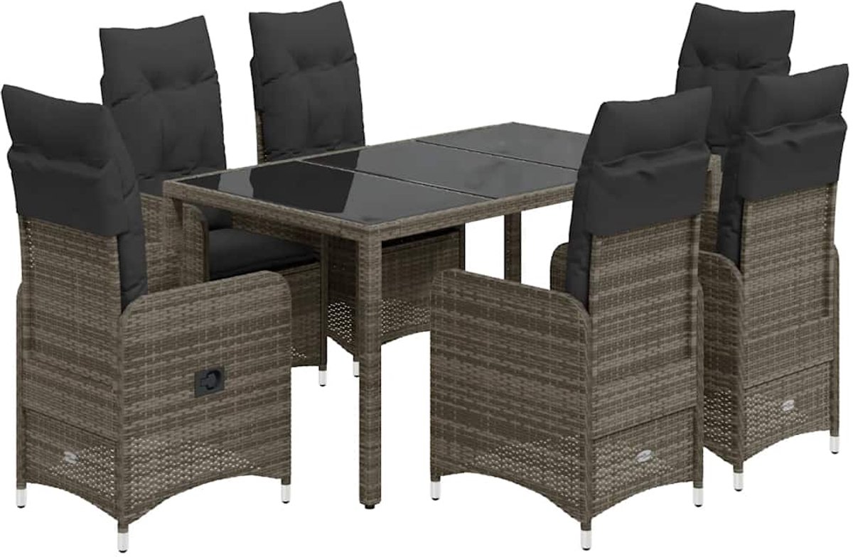 Vidaxl 7-Cz. Bistro-Möbelset mit Kissen, Grau, Polyrattan
