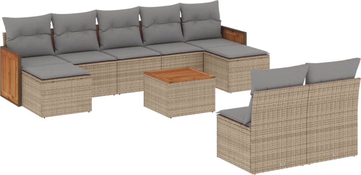 Vidaxl 10-Cz. Gartenmöbel-Set mit Kissen, Beige, Polyrattan