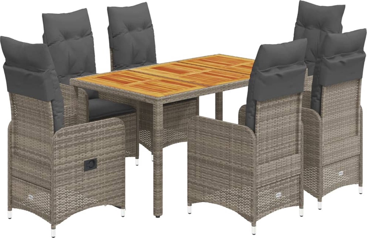 Vidaxl 7-Cz. Bistro-Möbelset mit Kissen, Grau, Polyrattan