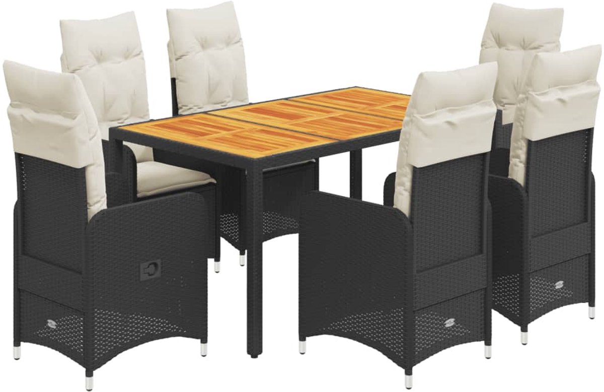 Vidaxl 7-Cz. Bistro-Möbelset mit Kissen, Schwarz, Polyrattan