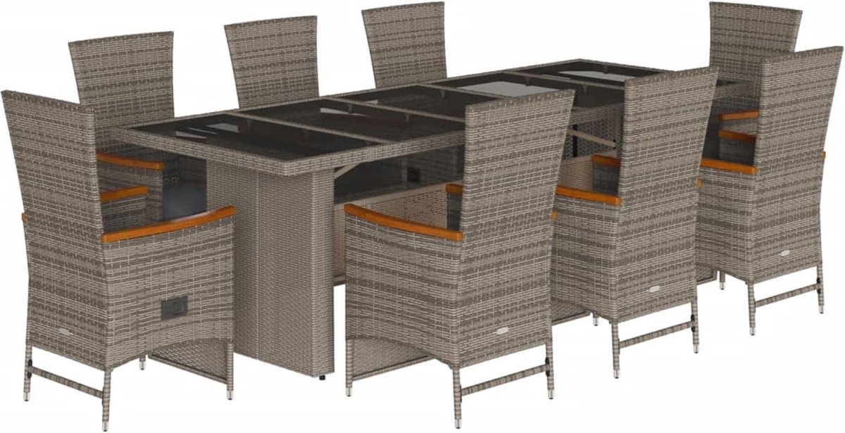 Vidaxl 9-Cz. Gartenmöbel-Set mit Kissen, Grau, PE-Rattan