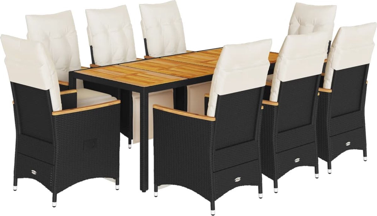 Vidaxl 9-Cz. Bistro-Möbelset mit Kissen, Schwarz, Polyrattan
