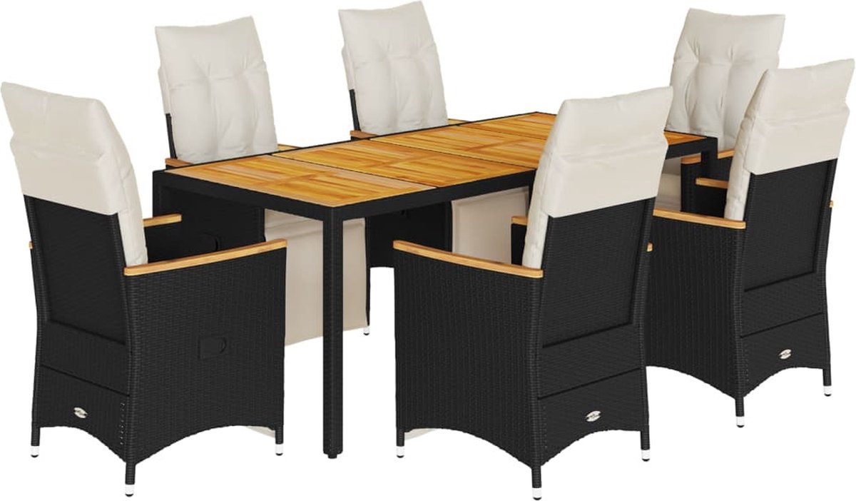 Vidaxl 7-Cz. Bistro-Möbelset mit Kissen, Schwarz, Polyrattan
