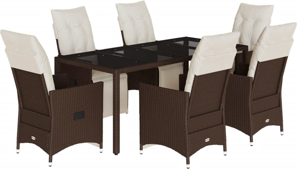 Vidaxl 7-Cz. Bistro-Möbelset mit Kissen, Braun, Polyrattan