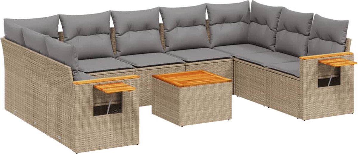 Vidaxl 10-Cz. Gartenmöbel-Set mit Kissen, Beige, Polyrattan