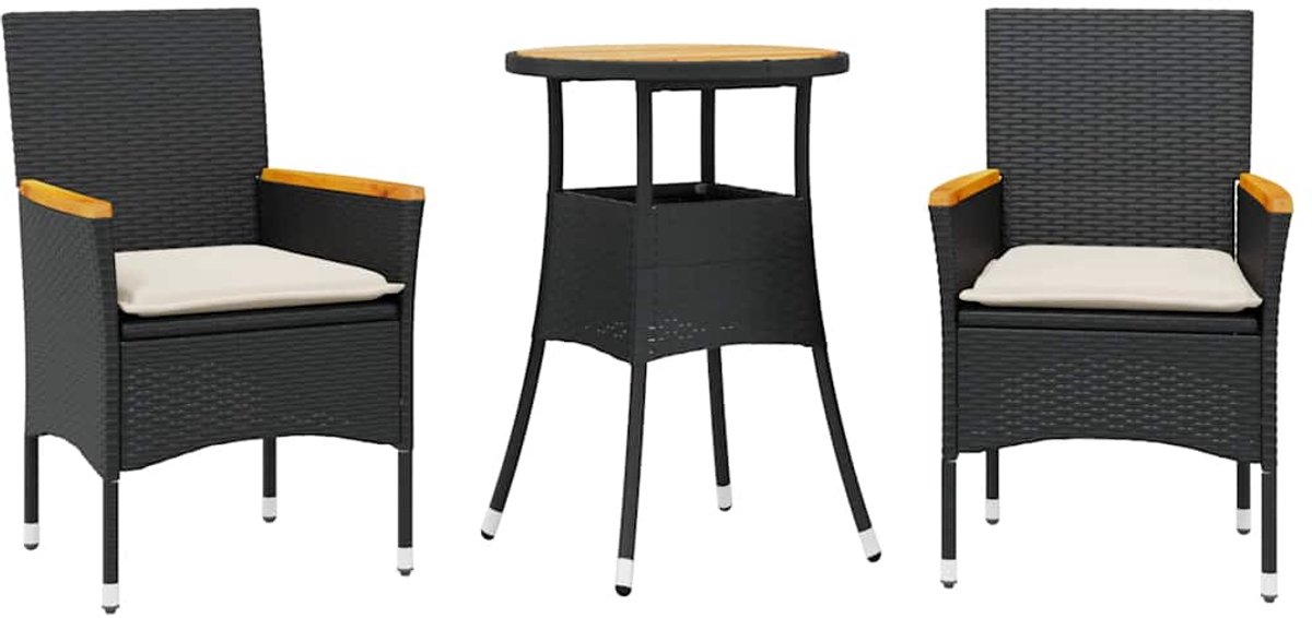 Vidaxl 3-Cz. Gartenmöbel-Set mit Kissen, Schwarz, Polyrattan