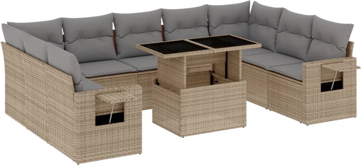 Vidaxl 10-Cz. Gartenmöbel-Set mit Kissen, Beige, Polyrattan