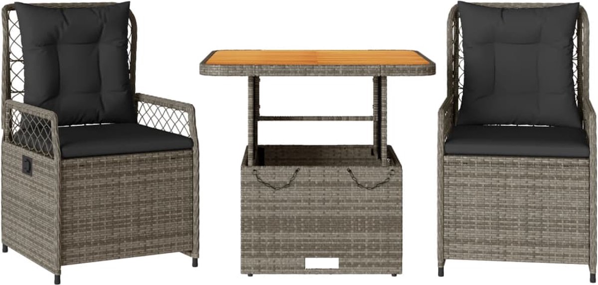 Vidaxl 3-Cz. Gartenmöbel-Set mit Kissen, Grauer PE-Rattan