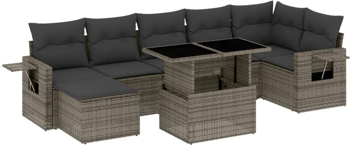 Vidaxl 8-Cz. Gartenmöbel-Set mit Kissen, Grau, Polyrattan