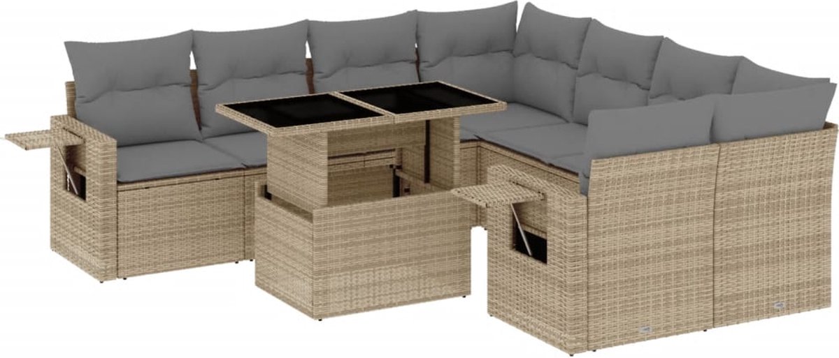 Vidaxl 9-Cz. Gartenmöbel-Set mit Kissen, Beige, Polyrattan